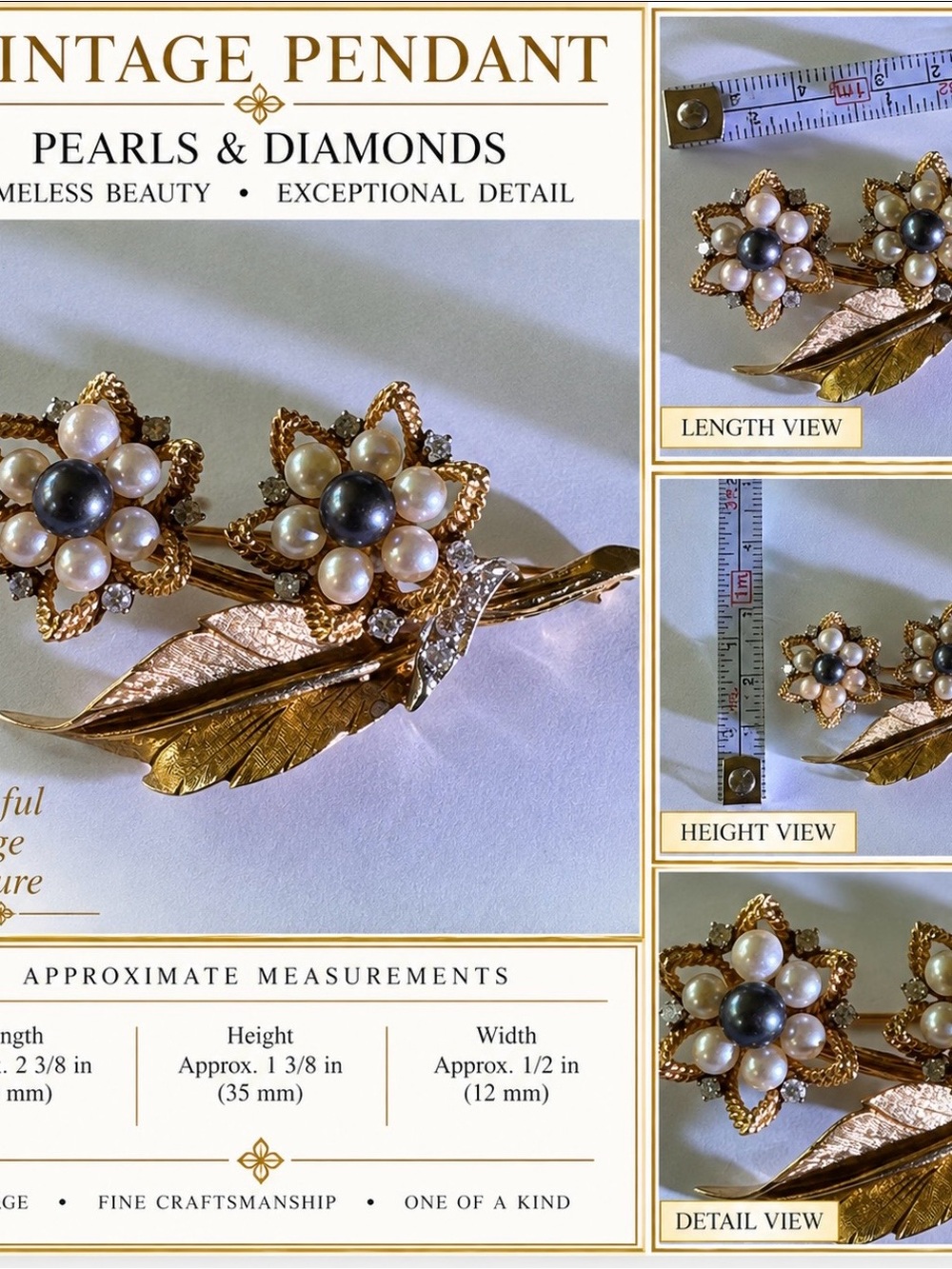 14K solid gold Floral Pearl Brooch with Center Dark Pearl Accent